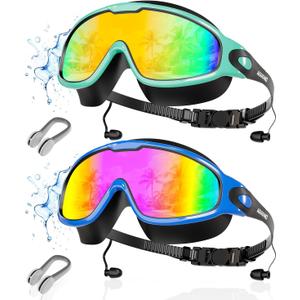 Aegend New Adult Wide View Swim Goggles, Anti-Fog/UV No Leak Swimming Goggles with Ear Plugs for Men & Women (Blue Bright Rose & Green Aqua)