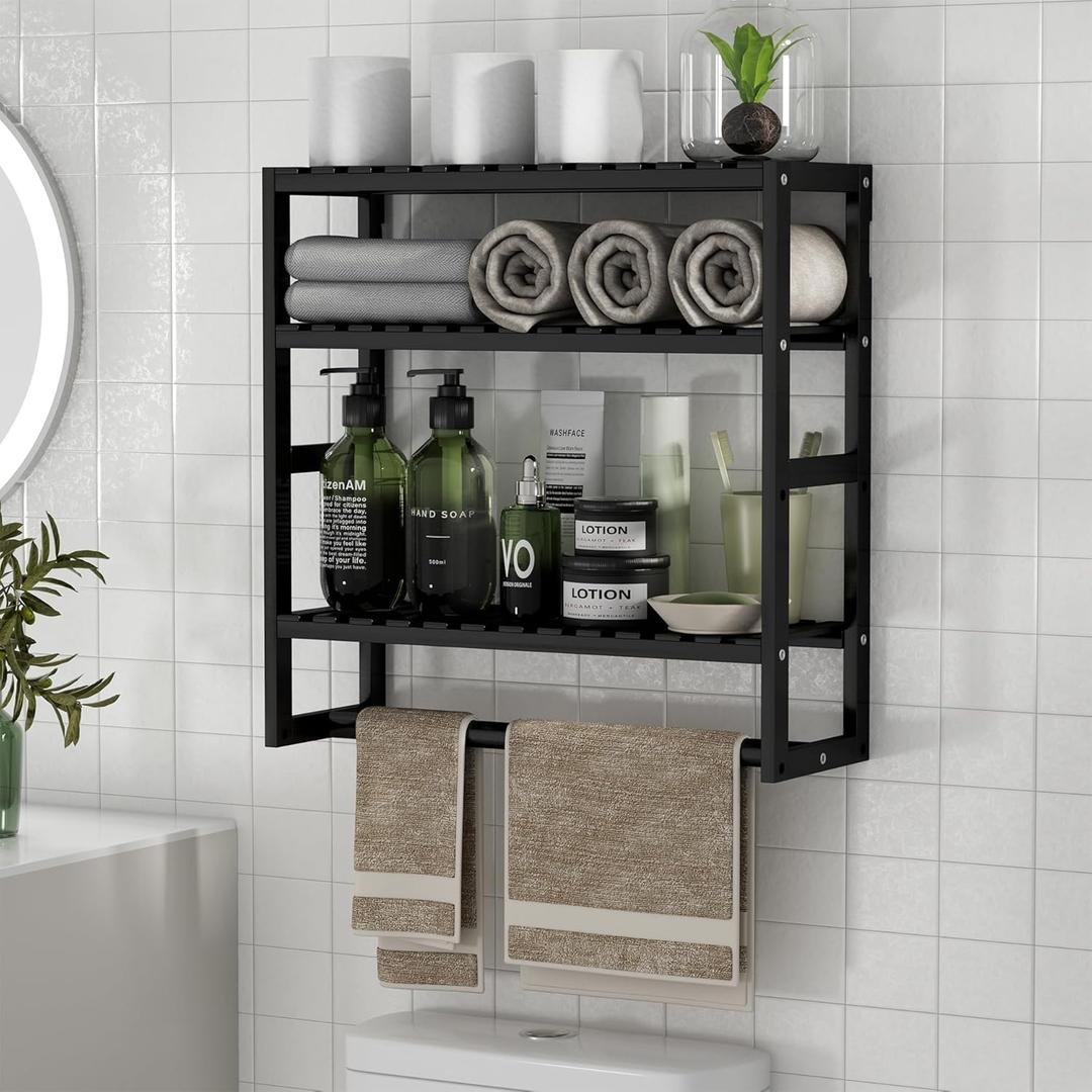 PPN Towel Rack Bathroom Storage Shelves Over The Toilet with Towel Bar 100% Bamboo Adjustable Height Floating Shelf Wall Shower Shelf for Small Space Bathroom Kitchen Multi Usage (Black-1 Pack)