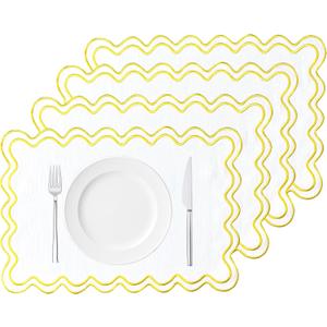 Set of 4 Rustic Embroidery Scalloped Placemats 13 x 19 Inch Cotton Linen Placemat Washable Double Layer Place Mats Tbale Decor for Kitchen Shower Banquet Party Holiday Table Decor (Yellow)
