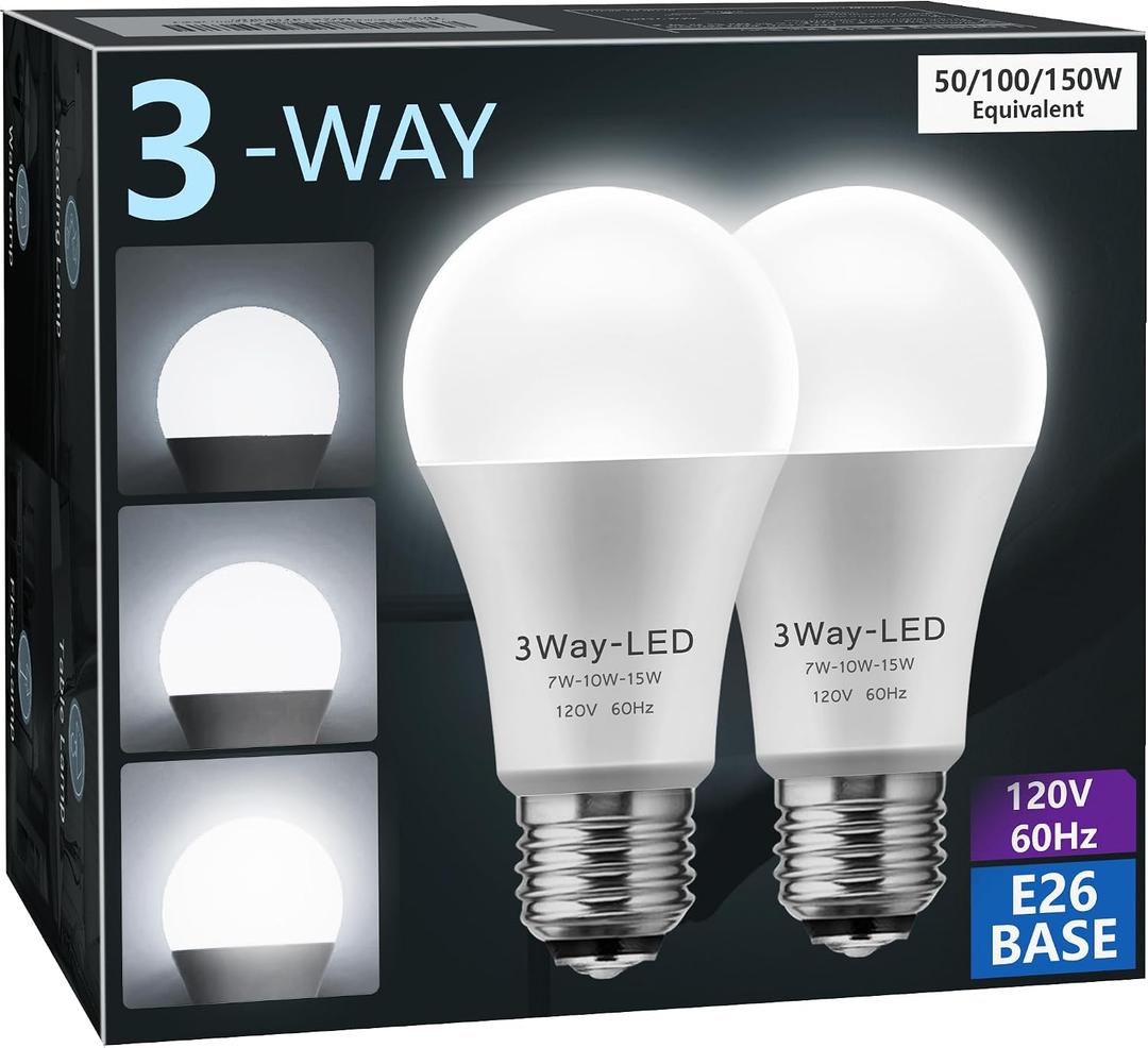 Briignite LED Light Bulbs, 3 Way LED Light Bulbs 50 100 150W Equivalent, Three Way A19 Light Bulbs E26 Medium Base, Daylight White 5000K, 500lm-1000lm-1500lm, 2Pack