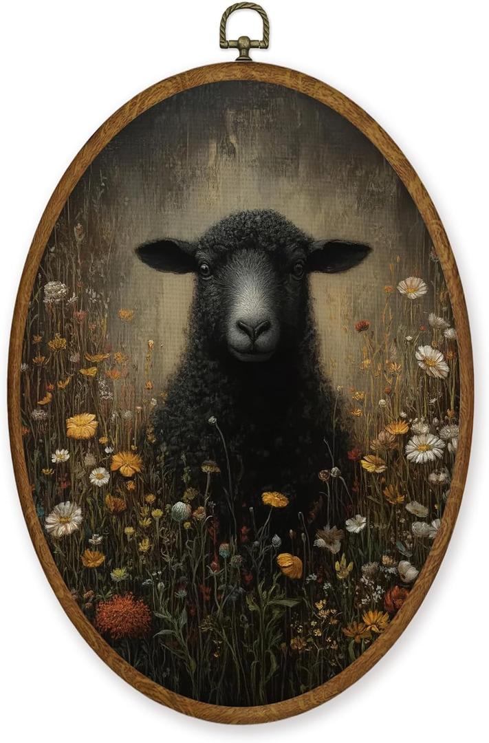 MZKZCHFE Vintage Black Sheep Oval Wall Art Decor, Moody Dark Academia Deer Oval Canvas Prints Framed, Cottagecore Botanical Animal Wall Decor for Home Bedroom Living Room Decorations, 8.6x11.4 Inches