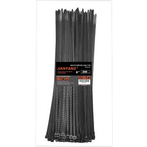 8 Inch Zip Ties Double Sided Toothed,65LBS Tensile Strength Heavy Duty Cable Wire Ties With Self-Locking Adjustable More Durable Nylon Tie Wraps for Indoor Outdoor200 Pack (Black)