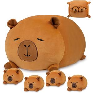 YIIQUWEN Capybara Plush, Soft Stuffed Animal Pillow Toy, Capybara Mommy with 4 Baby Plushies Family Set, Cute Birthday Gift for Kids Boys Girls Adults