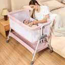 ANGELBLISS Baby Bassinet Bedside Sleeper with Wheels, 6 Heights (Pink) | All-around mesh, easy-open side, removable mattress and cover, storage basket, 4 locking wheels, tool-free setup, 20 lb max