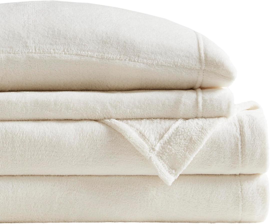 Sleep Philosophy Micro Plush Fleece Sheet Set, Queen Size, Ivory, 4-Piece
