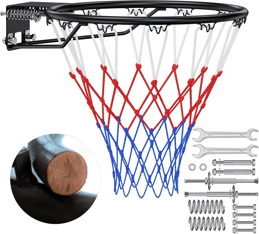 Basketball Rim, 18" Replacement Wall Mounted Outdoor Basketball Hoop, Heavy Duty Solid Steel, Double Spring Basketball Hoop Rim with All Weather Net for Indoor and Outdoor Hanging