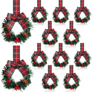 Zeyune 12 Pcs Small Christmas Wreaths for Kitchen Cabinets with Bow Ribbon Mini Cabinet Door Wreath Set Hanging Christmas Decor for Kitchen Window Outdoor Indoor, 14.96 x 7.87''(Red Green Bow)