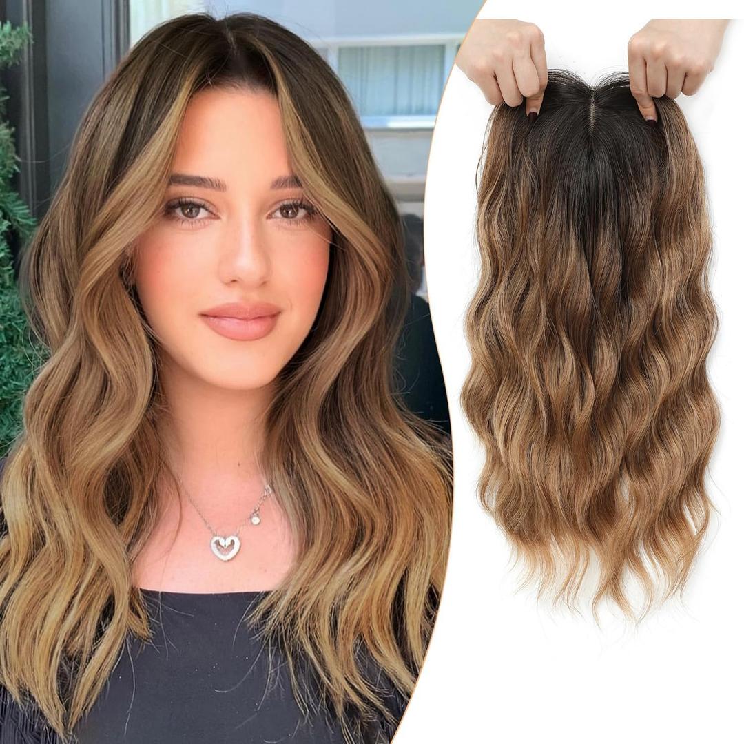 PANEWAY Hair Toppers for Women 16 Inch Synthetic Wavy Clip in Topper Wiglet, Natural Dark Brown Root to Caramel Blonde Ombre with Highlights, Add Volume & Coverage