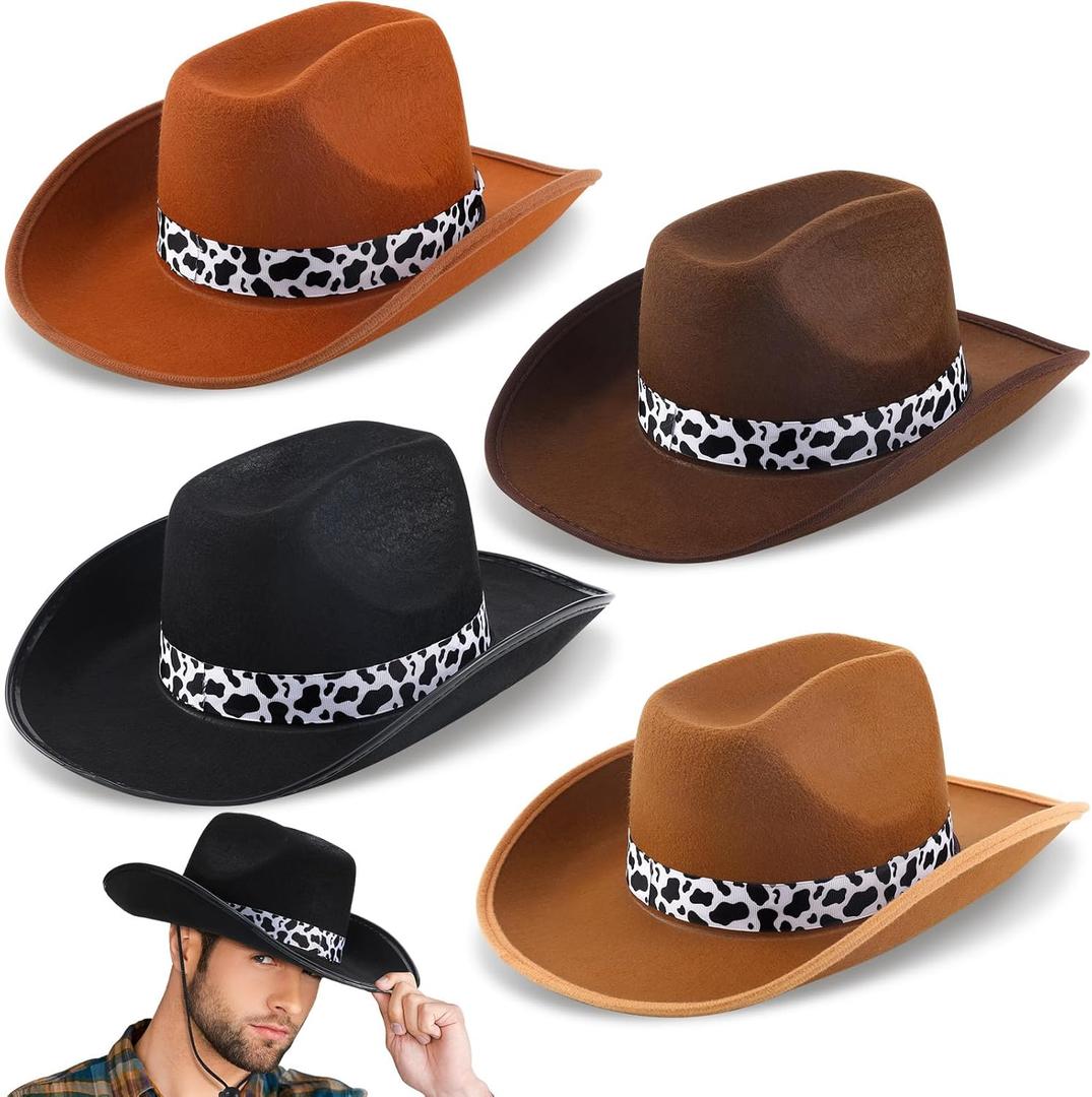 4 Pcs Classic Western Cowboy Hat for Small Head Wide Brim Felt Cowboy Hat Bulk Cow Print Strap Cowgirl Hat for Cowboy Cowgirl Party