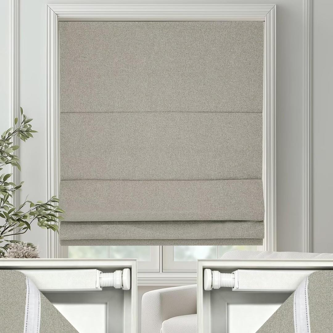 Changshade No Drill Roman Shades Cordless Blinds Blackout for Indoor Windows, Room Darkening Black Out Tension Rod No Hardware No Tools Inside Mount, Shade Size 32.5 Inches Wide 50 Inches High, Beige