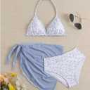 Milumia Girl's 3 Piece Bikni Set Ditsy Floral Halter Swimsuit with Cover Up Skirts (Blue), Size 11Y