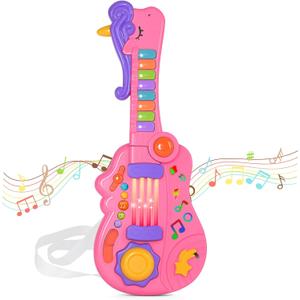 M SANMERSEN 3-in-1 Toddler Guitar Toys for Kids with Piano Drum, Electric Musical Toy with Strap Light Up 3 4 5 Year Old Boys Girls Gifts (Pink)