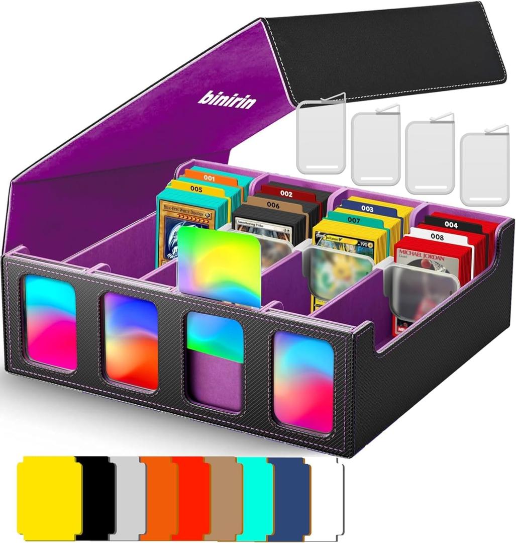 TCG Storage Box for Commander Display, 3000+ MTG Deck Case with 4 Toploaders & Supporters, PU Leather Organizer Compatible with MTG, Yugioh, and Sports Collections (Black&Purple)