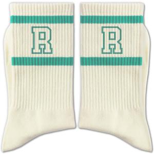 Forest Green and White Striped Crew Socks with the Letter Classic Varsity Sports Style Monogram Socks (Beige)