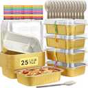 LNYZQUS 1.5lb Small Foil Pans with Lids 25 Pack, 7 x 5 Individual Baking Tins Leftover Containers,24oz Aluminum To Go Baked Food Containers Large Loaf Cake Pans Take Out Holders-Gold