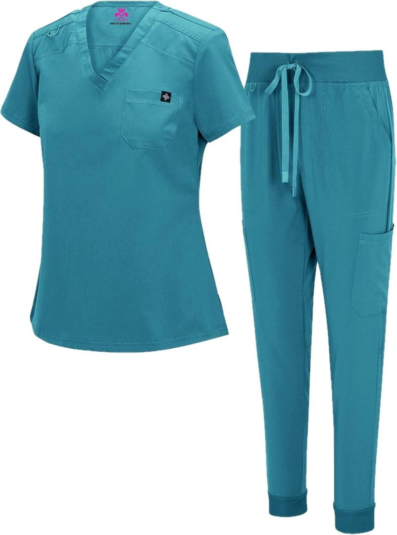 Natural Uniforms Womens Cool Stretch Modern Tuck-In Top Yoga Jogger Scrub Set, XXL
