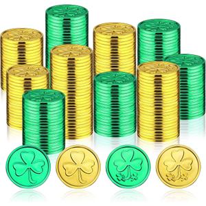 Hanaive 800 Pcs St. Patrick's Day Gold Coins Mardi Gras Coins Gold Green Lucky Coins Plastic Shamrock Leprechaun Coins for St. Patrick's Day Irish Themed Party Decoration Favors