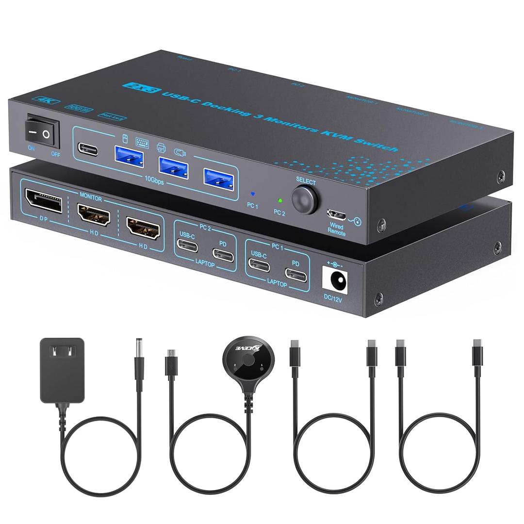 KVM Switch 3 Monitors 2 Laptops 4K@60Hz, USB C KVM Switcher with PD Charging Function for 2 Computer Share 3 Display-2 HDMI + 1 DP, No Driver Required