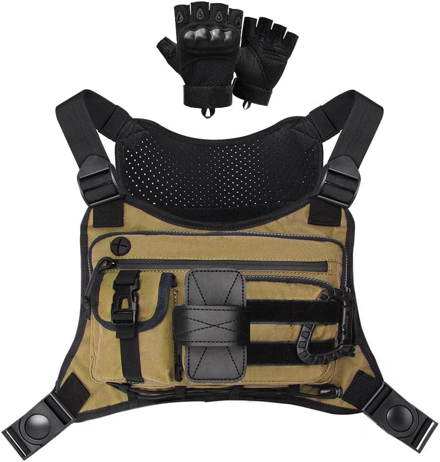 Outdoor Sports Chest pack for men with Gloves, EDC Chest bag for Travel, Lightweight Chest Rig Pouch, Tactical Running Chest Vest for Hiking, Cycling, Fitness, Motorcycle Riding, Workouts (Apricot)