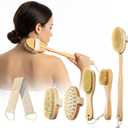 Premium Dry Brushing Set for Shower, Natural Body Brush Wood Long Handle with Dual-Purpose Brush, Bullet Head Massager, Sisal Bath Bar, Stone Brush, Boar Bristle Face Cleansing Brush