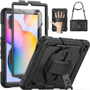 SEYMAC Case for Samsung Galaxy Tab S6 Lite 10.4'' 2024/2022/2020 (SM-P620/P610/P615), Heavy Duty Full-Body Shockproof Protective Case with Screen Protector, Rotating Stand, Hand/Shoulder Strap, Black