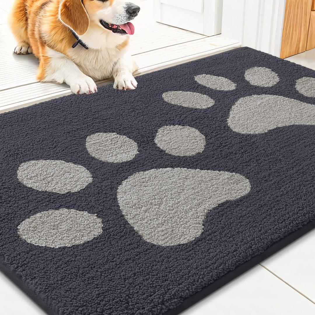Smiry Dog Door Mat for Muddy Paws, Absorbs Moisture and Dirt, Low-Profile Entryway Mat with Non-Slip Backing, Entry Indoor Outdoor Doormat for Inside Floor (36x24 Inches, Dark Grey, Paw)