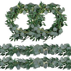 4 Pack 6.5 Feet Artificial Eucalyptus Garland with Willow Leaves Vine Greenery for Wedding Table Runner Centerpiece Arch Bridal Baby Shower Fireplace Decor