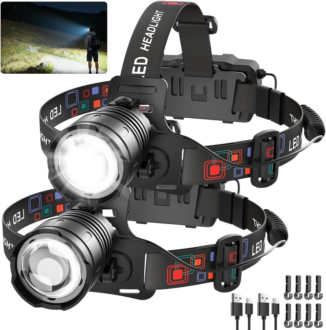 Rechargeable Headlamp High Lumen, 3000L Super Bright Head Lamp, 90 Rotatable Head Lights for Forehead, Adjustable Focus Headlight Flashlight, 4Modes LED Headlamps for Adults Hardhat Camping (2Pack)