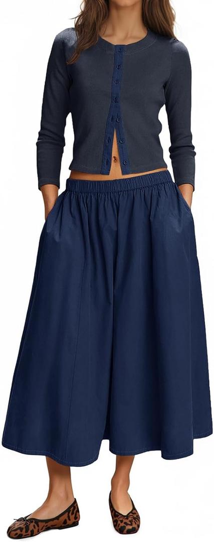 Tankaneo Womens 2 Piece Skirt Sets 3/4 Sleeve Knit Cardigan Elastic Waist Midi Skirt Outfits Casual Matching Dress Set (Large, Navy)