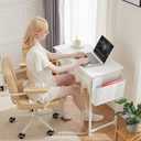 DUMOS 32" Home Office Computer Desk with Drawers, Small Gaming Writing Study Table with Storage Side Bag, Headphone Hook and Adjustable Feet for Bedroom White