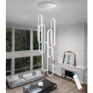 6 Rings Modern Chandelier LED Dimmable Pendant Lighting High Ceiling Chandelier for Entrance Foyer Lobby Staircaes Sliver 118'' (26in x 7.9in x 118in, Silver)