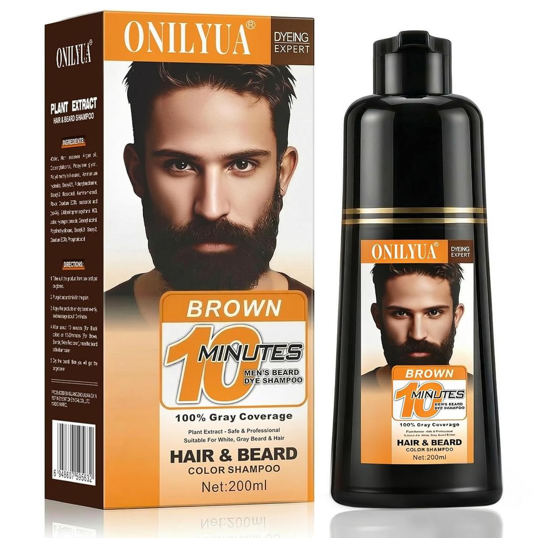 Beard Dye For Men, 10-Minute Instant Gray Coverage, 3 in 1 Brown Mens Beard & Mustache Dye Shampoo with 4-6 Weeks Lasting Color, Nourishing with Argan Oil & Noni Fruit, No-Mess Application 6.76 Fl Oz