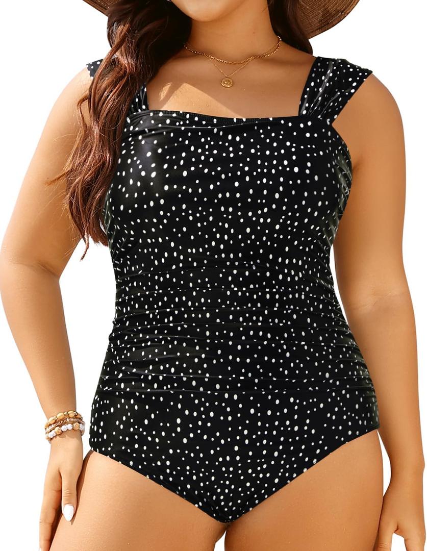 Aqua Eve Womens Plus Size One Piece Swimsuit Tummy Control Bathing Suit Vintage Swimwear (Black Dot)  22W