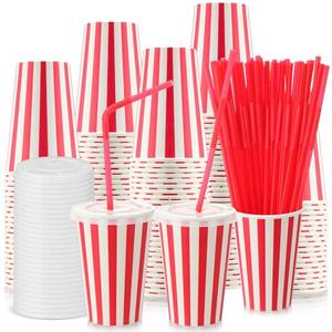 Fullhawl 50 Set Red Stripe Paper Cups Bulk with Lids and Straws Disposable Paper Cups for Circus Carnival Party 12 oz Drinking Birthday Supplies for Coffee Juice (Stripe)