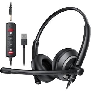Computer USB Headset with Microphone for PC - Headphones with Noise Cancelling Microphone On Ear Wired Headset Mic Mute for WFH Call Center Office Online Class Skype Zoom (Black)