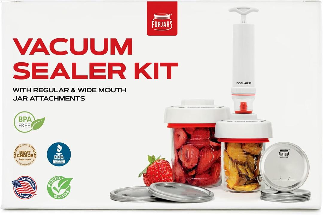 FORJARS Jar Vacuum Sealer Accessory Set for Mason Jars - Compatible with Regular and Wide Mouths, Cordless Pump for Portable Manual Hand Sealing, no electric. Vacuum Sealer with Plastic Lids