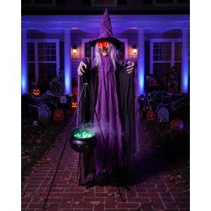Outdoor Halloween Decorations Animatronics Witch with Witches Cauldron, Outdoor Halloween Decro, Life Size Sound Activated Props Scary Ghost for Haunted House Decorations Yard Lawn Decor (Green)