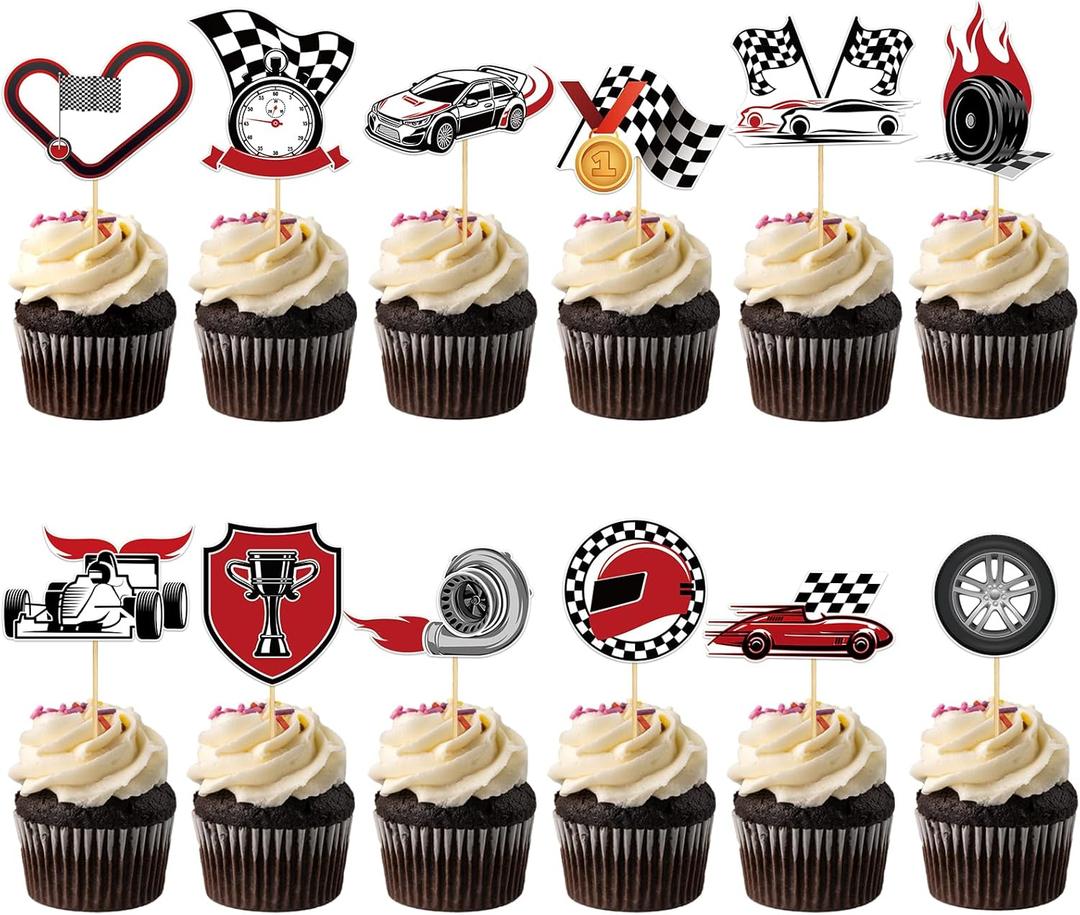 48 Pieces Race Car Cupcake Toppers Checkered Race Car Cupcake Picks for Racing Theme Party Baby Shower Birthday Party Decoration Supplies