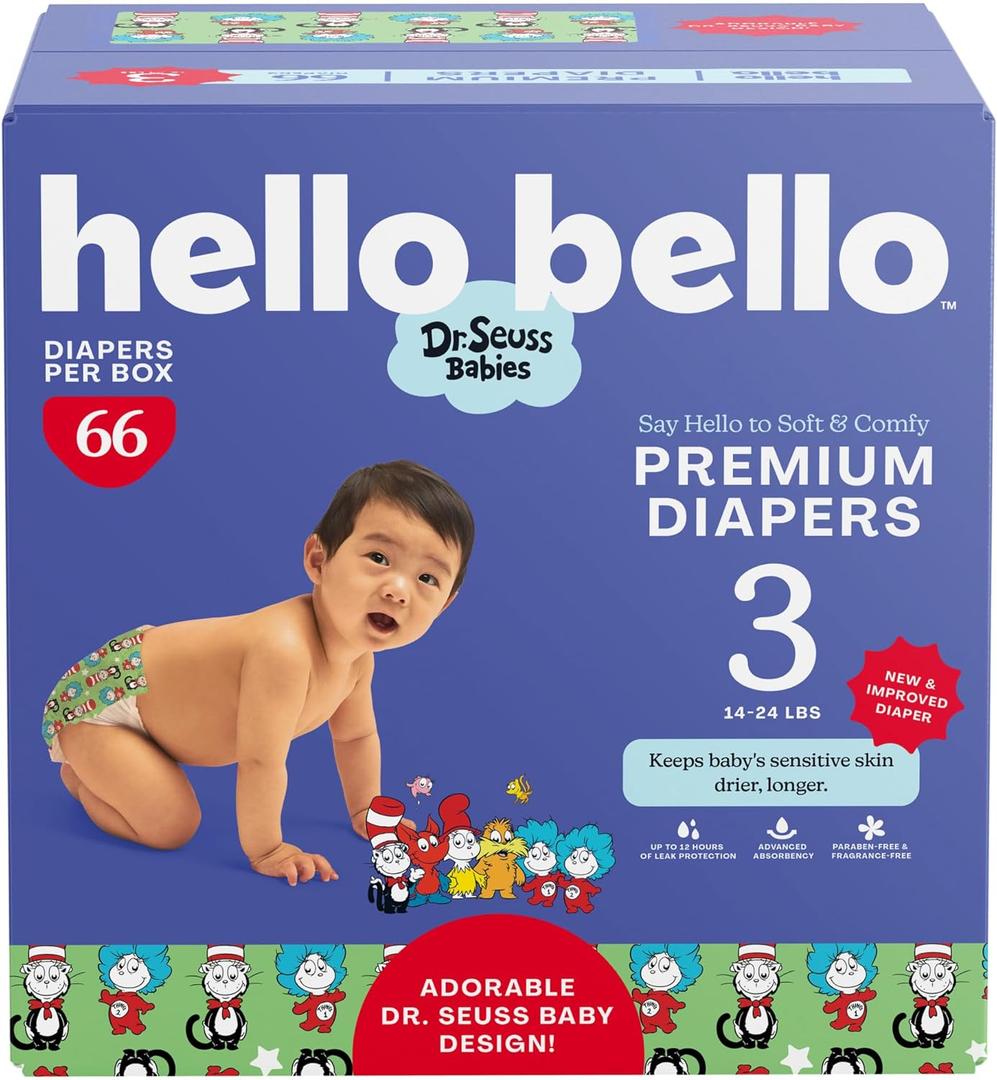 Hello Bello Dr. Seuss Babies Premium Diapers, Size 3, 66 Count: Softness & Protection for Sensitive Skin