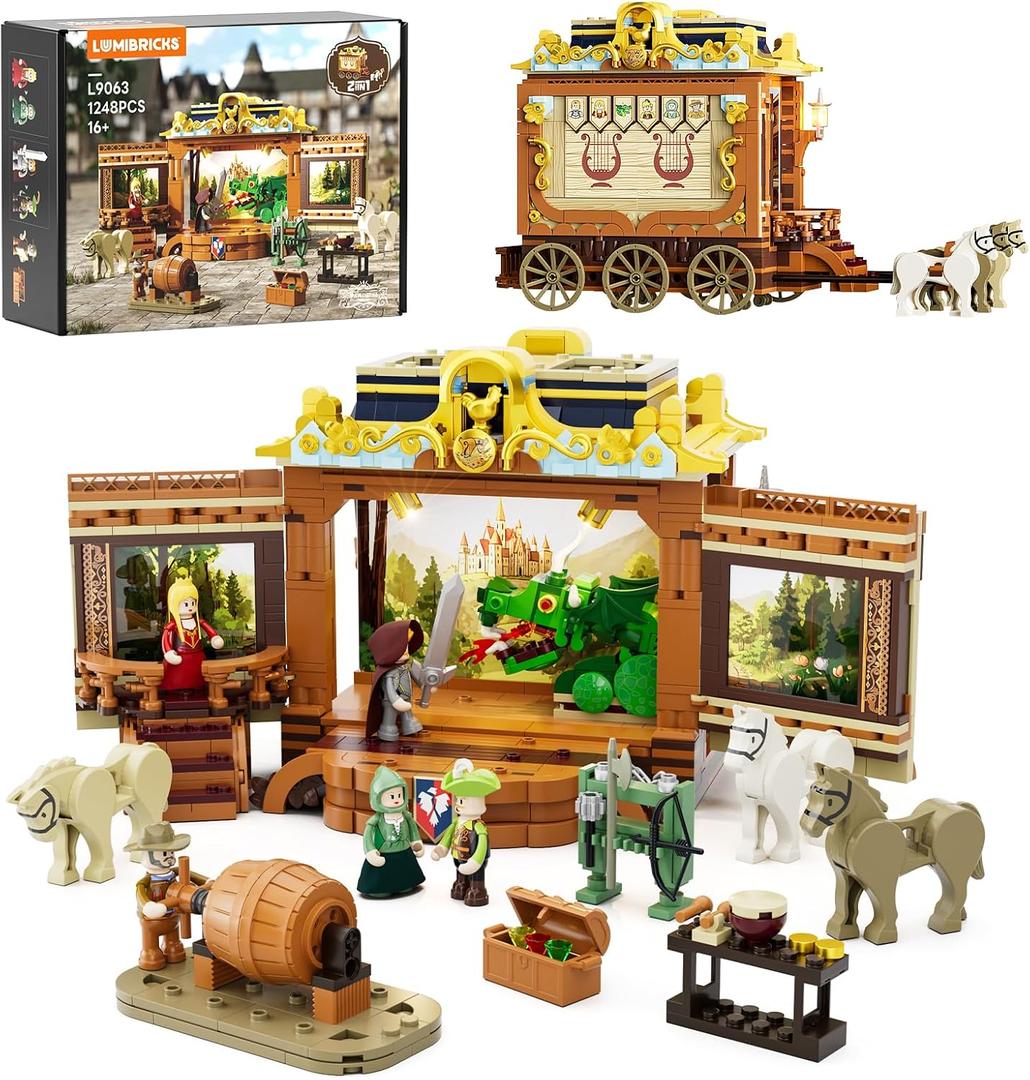 Lumibricks Medieval Troupe Carriage Lighting Building Bricks Set - Middle Ages City Town Playset Multi-Form Modular Collection Display Kit with Minifigures 1248 Pcs for Adults & Teens