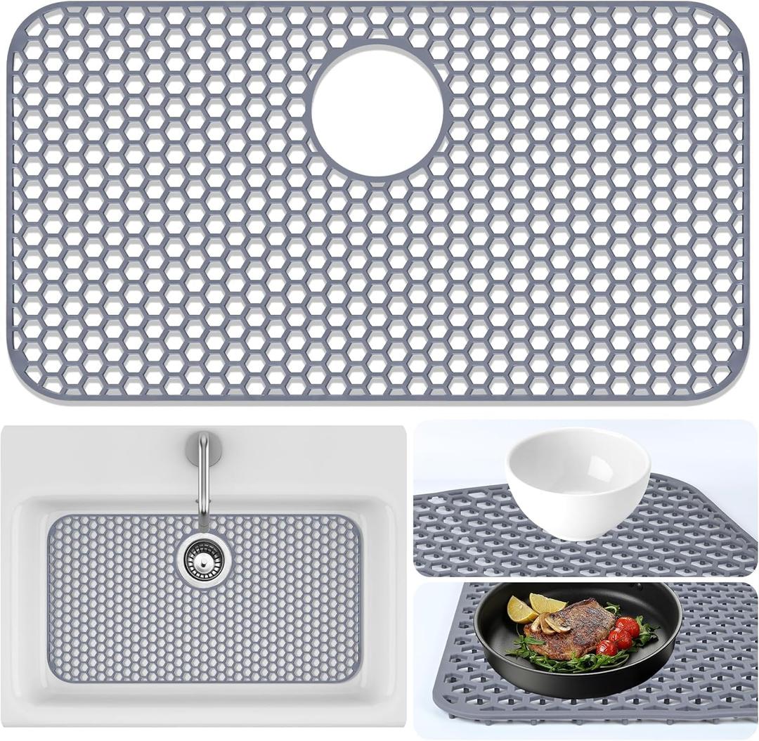 Sink Protectors Mat - 25.79"x13.98" Kitchen Sink Pad for Bottom of Basin for Protection of Stainless Steel and Tableware, Farmhouse Rubber Basin Mat Protector with Rear Drain - Light Gray