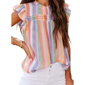 SHEWIN Womens Summer Crewneck Tank Tops Casual Ruffle Sleeveless Tops Shirts (X-Large, B Multicolor)