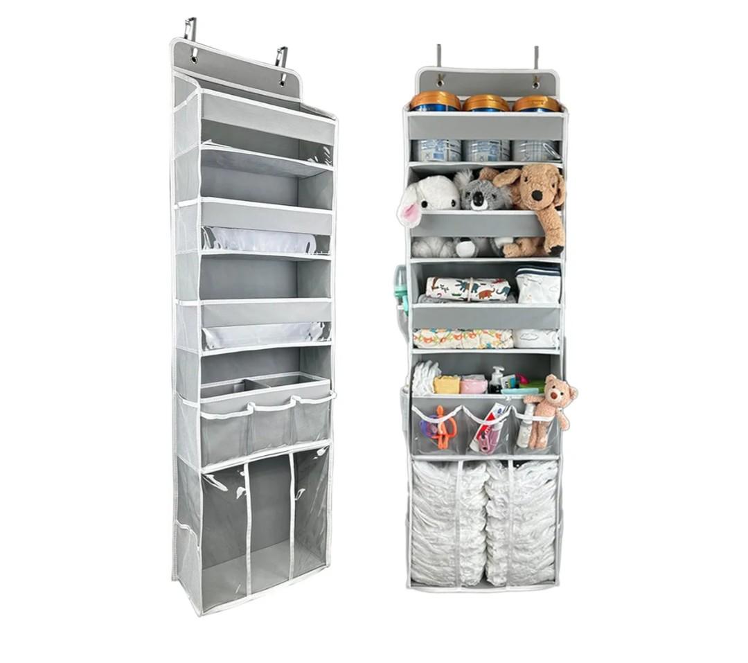 Door Hanging Storage Organizer, with 3 Bins 1 Movable Baby Diaper Caddy,1 Large capacity diaper stacking storage Organizer,10 Side Pockets ,Bedroom Door Storage for Nursery Baby Essentials. Grey, 1 Pack
