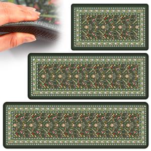 Dunzy 3 Pcs Anti Fatigue Mats for Kitchen Floor, Vintage Floral Cushioned Kitchen Mats, Green Memory Foam Non Slip Waterproof Standing Rug Set for Laundry Home, 17" x 29" 17" x 47" 17" x 59"(Vintage)