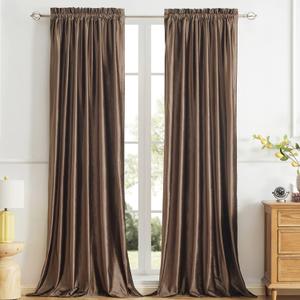PRIMROSE Brown Velvet Room Darkening Curtains 108 inches Long for Living Room,Blackout Thermal Insulated Window Drapes for Bedroom Solid Modern Decorative Rod Pocket Curtain Set of 2 Panels