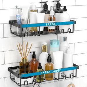 Moforoco Shower Caddy Shelf Organizer Rack, Self Adhesive Black Bathroom Shelves Basket, Home Farmhouse Wall Inside Organization and Storage Decor Rv Accessories, First Camper Apartment Essentials (Large)