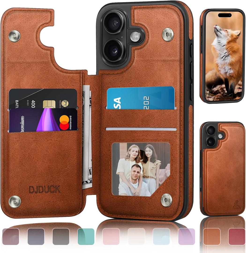DJDUCK Designed for iPhone 16 Case Wallet with Card Holder, [Magnetic Clasp Cover] [RFID Blocking Leather Protection] Shockproof Women Men Cases 6.1 Inch for Apple 16 Light Brown