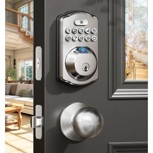 Veise Fingerprint Door Lock with 2 Knobs - Keyless Entry Door Lock with Handle, Electronic Keypad Deadbolt, Smart Front Handle Set, Auto-Locking, Waterproof, Easy Installation, Satin Nickel