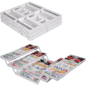 Aobiono Multi Level Smart Drawer Organizer, Multi Tier Expandable Storage Collapsible Foldable Trays for Jewelry, Cosmetics, Makeup, Tools, Battery (White, Double Row - 3 Levels)