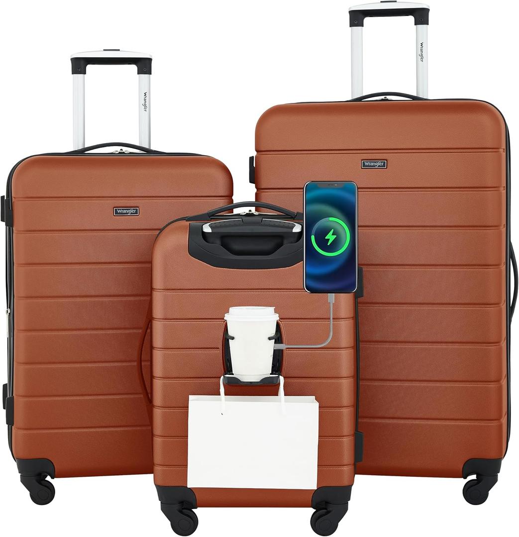 Wrangler Smart Spinner Hardside Luggage, 3 Piece Set, Burnt Orange, 
Flexible Size Options to Suit Every Trip: Choose from a 22" carry-on only, a 2-piece set with a 15" boarding tote, or a full 3-piece set (30"/26"/22")